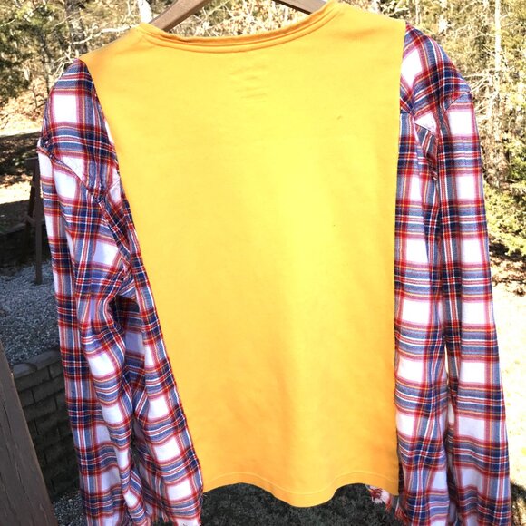 Upcycled Graphic Tee Flannel Sleeves, S-M: Oversized Lighthouse Pullover Shirt - Picture 4 of 10